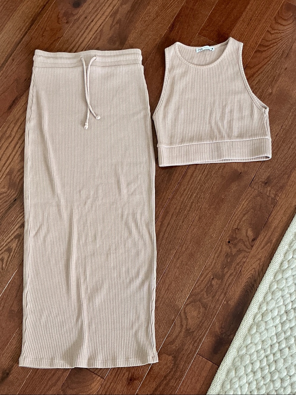 Zara Beige Ribbed Tank & Skirt Set